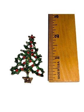 CHRISTMAS Tree Pin Brooch - Green & Red Gold Tone